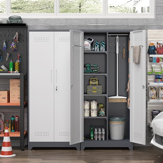 72.8" H Metal Garage Storage Cabinets with Doors and Shelves, Broom Closet Storage Cabinet, Tool Cabinets with Hanging Rod, Cleaning Storage Cabinets for Garage, Office, Laundry Room