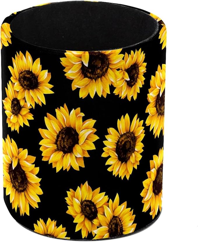 Pen Holder Pencil Holder for desk, Round Desktop Organizer Sunflower Black Pattern Pencil Cup for Office, School, Home and Stationary Supplies