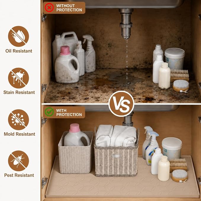 34"x22" Silicone Shelf Liner & Waterproof Under Sink Mat(Beige) | Durable Under Sink Organizer Tray with Raised Edge, Protects Bottom Cabinets & Shelves from Leaks & Cleaning Supplies