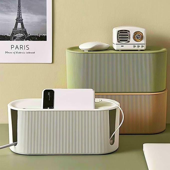 Cable Management Box,Desk Cord Organizer with Groove Cover,Plastic Cord Hider Box,Large Cable Box Organizer,Power Socket Management for TV/Computer/Router/Games Console Cable Storage (Milk Tea)