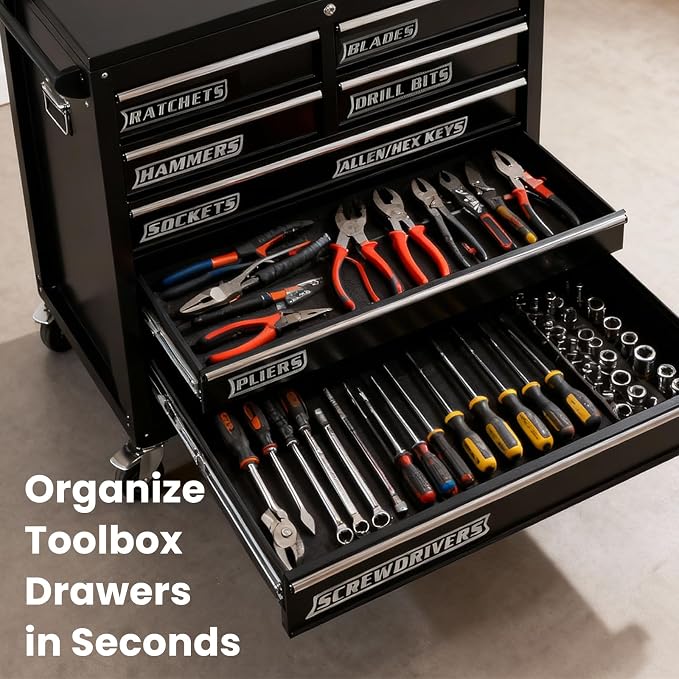 Magnetic Tool Box Labels Black for Organization Magnet Toolbox Cart Chest Accessories Drawers Organizer Heavy Duty 12 Pack of Magnets Label Us General Custom Premium 3D Breaker Stickers（Black）