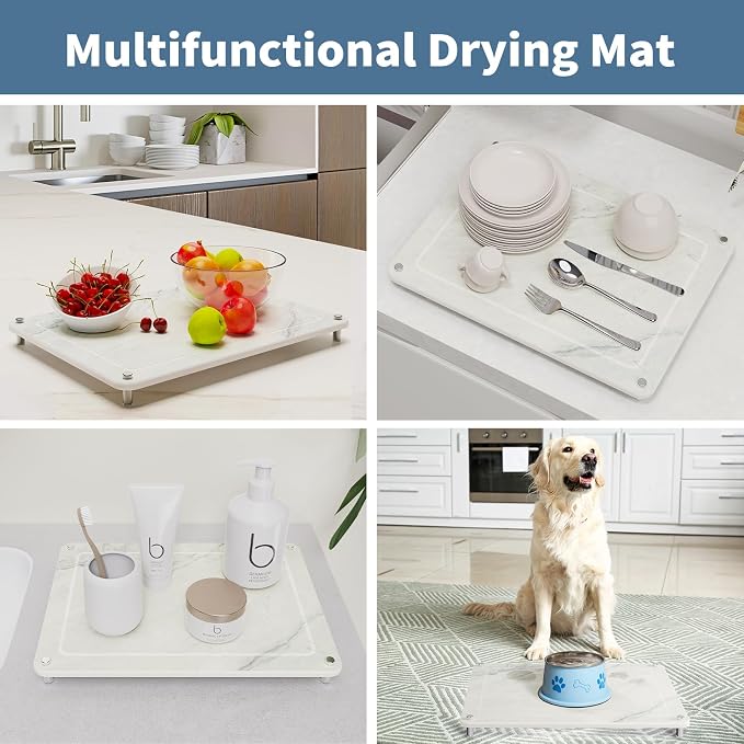 Dish Drying Stone, Water Absorbing Stone Dish Drying Mats for Kitchen Counter, Non-Slip Stone Drying Sink Tray Pad for Dish Bottles Cups, Diatomaceous Earth Sink Caddy Organizer, Beige Marble