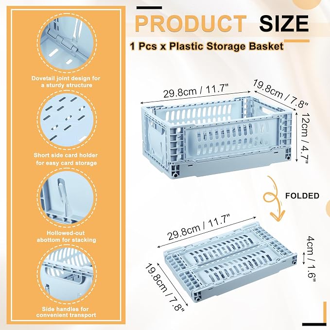 uxcell Collapsible Crates, 11.7x7.8x4.7 Stackable Plastic Storage Baskets with Handle Small Storage Containers for Bedroom Office Classroom Bathroom Desktop Organizer Decor, Sky Blue