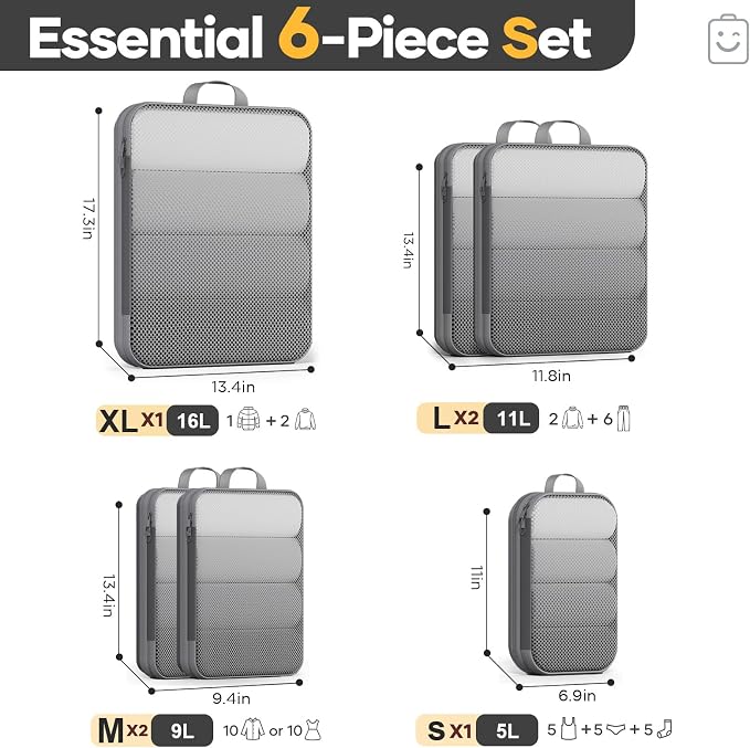Veken 6/9/11 Set Compression Packing Cubes Garment Bags for Travel Essentials,Compressible Expandable Luggage Organizer Bags for Clothing,Space Saver Bags with Over 1000 pcs of Mesh Holes(Gray)