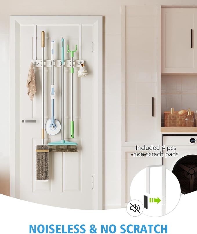 BS-VOG Over the Door Broom and Mop Holder, Broom Hanger, 4 Slots & 4 Hooks | No Drilling Required, Wood and Metal Build, EVA Door Protection Pads, Secure Grip Slots, Closet Garage Laundry Use, White
