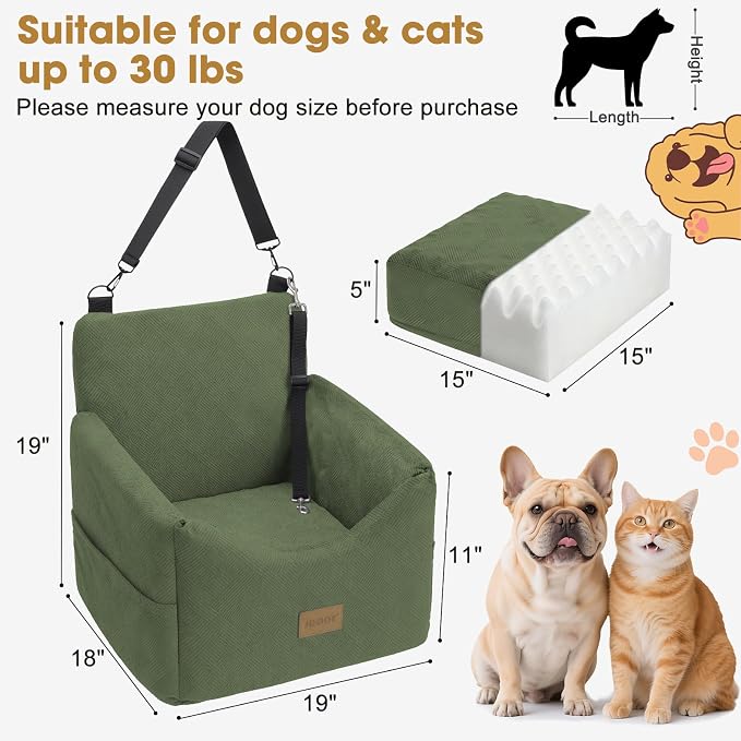 JOEJOY Dog Car Seats for Small Medium Dogs Under 35lbs, Dog Booster Seat with Detachable Washable Cover and Cushion, Memory Foam Pet Car Seat with Safety Belt and Storage Pockets (GN)