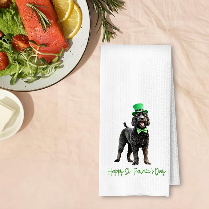 St. Patrick's Day Black Goldendoodle Kitchen Towels, Black Goldendoodle Gifts Dish Tea Towel for Kitchen, Irish Leprechaun Hat Dog Hand Towels for Bathroom Decor, 16x24 Inches