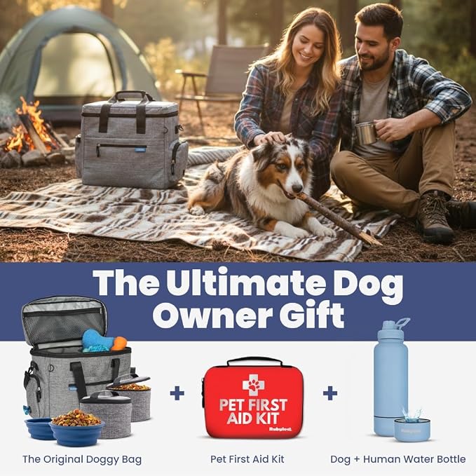 Original Doggy Bag™ Dog Travel Bag for Supplies with Travel Bowls | 2 BPA-Free Collapsible Bowls, 2 Pet Food Containers, TSA-Ready, Road Trips, Camping, Weekend Getaways, Doggy Gift, Grey