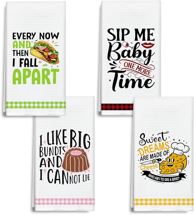 Funny Food Print Kitchen Towels and Dishcloths Set of 4, Cute Decorative Hand Towel Drying Cloth for Bathroom Cooking Baking, Housewarming Gift for Hostess, Women, 16x24 Inches -06