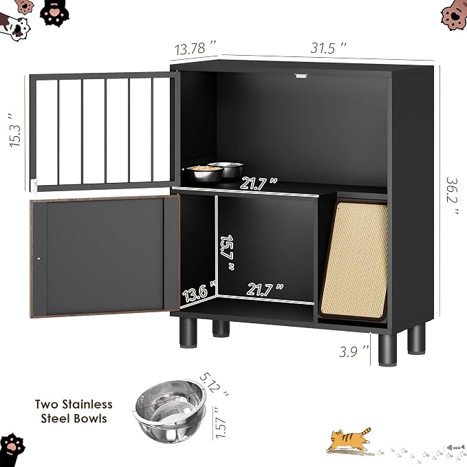 Dog Proof Cat Feeding Station, Metal Cat Feeding Cabinet, Black | Elevated Cat Feeding Station, Pet Food Station with Storage, Cat Bowl Stand, Scratching Board, Stainless Steel Bowls