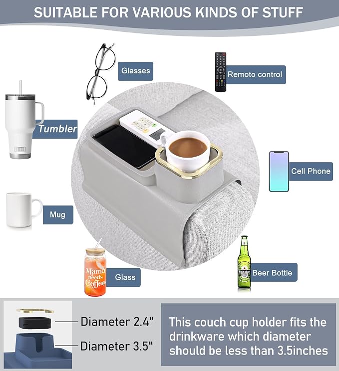 HMASYO Couch Cup Holder Tray – Weighted Silicone Sofa Armrest Organizer Table with Anti-Spill Coaster, Easy Reach for Drink, Snacks, Remote & Phone, Non-Slip Base, Easy Clean