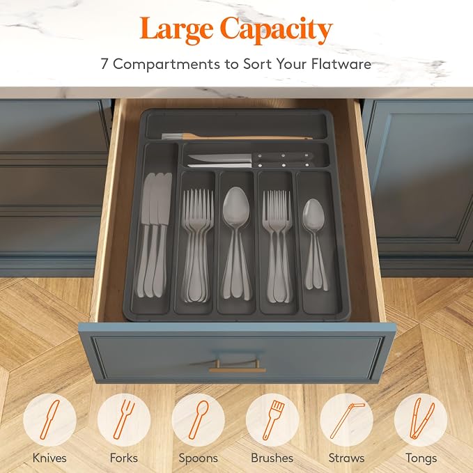 Lifewit Silverware Organizer with Lid, Covered Utensil Tray, 11.3x14.4 | Plastic Cutlery Storage Box for Kitchen Drawer and Countertop, Flatware Case Holder for Spoons Forks Knives, Black