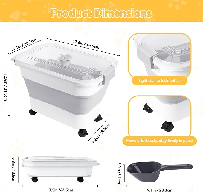 Dog Food Storage Container 25-30lbs, Airtight Pet Food Bin with Transparent Lid, Collapsible Design with Rolling Wheels & Scoop, Space-Saving, Light Gray