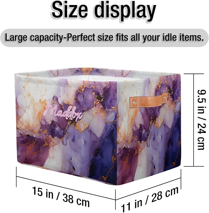 Personalized Storage Basket with Name, Rectangle Toys Storage Bin with Handles for Baby, Boys, Girls, Collapsible Basket for Clothes, Books, Purple Marble Background