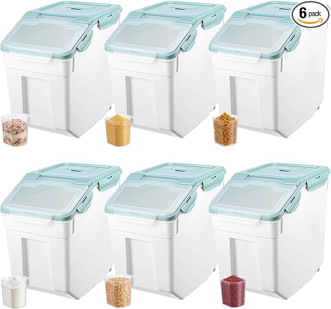 Sunnyray 6 Pcs 55 Lbs Flour Storage Container Bin,Rice Storage Containers with Wheels Seal Locking Lid, BPA Free with Measuring Cup Scoop for Rice Grain Pet Food Flour (Blue)