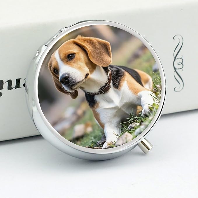 Ovely Pet Dog Beagle Pill Box 3 Compartment Round Travel Pill Case | Metal Mini Pill Organizer for Travel, Easy-Open, Fits Pocket/Purse, Small Pill Container for Vitamins Fish Oil & Supplements