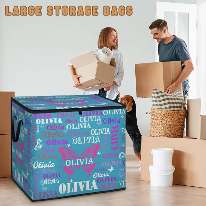 Personalized Extra Large Storage Bins with Lid, Customized Name Lake Blue Background with Butterfly Storage Basket Rectangle Clothes Organizer for Organizing Kids and Pets Toys Shelf Closet
