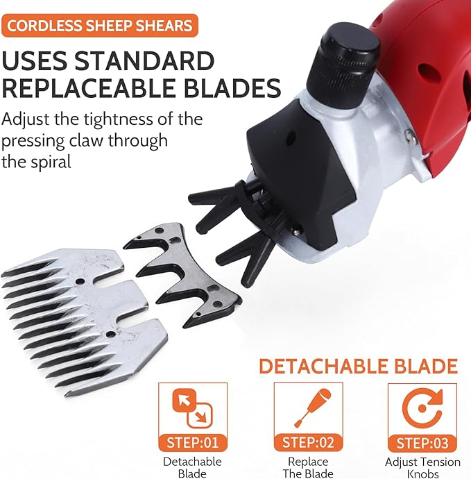 DUCKBOY Professional Cordless Sheep Shears - 250W 18V Electric Rechargeable, Heavy-Duty Livestock Haircut Groomer for Sheep, Horses, Alpacas & Large Dogs (Red)