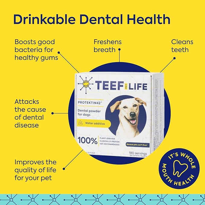 Teef For Life Protektin42 Plant-Derived Prebiotic Dental Powder for Dogs, Daily Dental Care, Clinically-Proven Formula Naturally Fights Plaque and Tartar, Dental Kit with 180 Servings