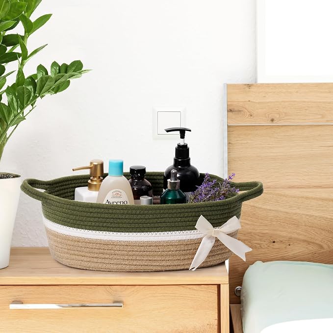 CHICVITA Small Woven Rope Gift Basket, Decorative Burr Basket, Green Brown | 13" x 10" x 5" Storage Baskets for Toys, Towels & Diapers, Fits Nursery & Home Christmas Decor, Built-In Handles, Bow Design