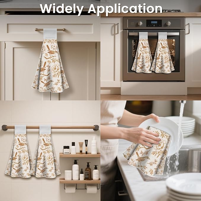CUTHOLLOW Orange Flower and Bird Hanging Kitchen Towels with Loop, Set of 2 - Soft & Super Absorbent Microfiber Decorative Hanging Dish & Hand Towel, Tea Coffee Towel for Kitchen Bathroom Oven Handle