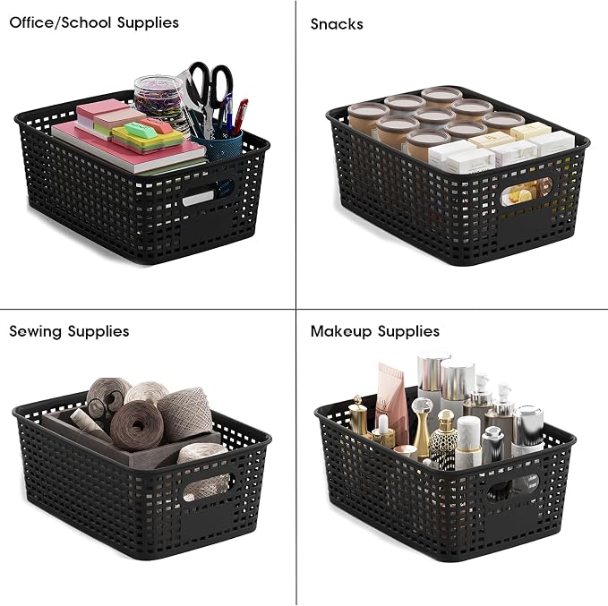 ORGIDOL Plastic Storage Basket with Lids 12 Pack Stackable Black Storage Bins Containers with Lid, Decorative Storage Boxes for Organizing Shelves, Drawers, Playroom, Classroom, Office, Closet