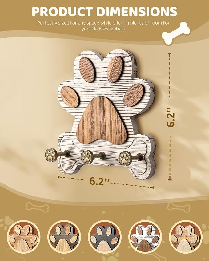 MTERSN Pine Wood Dog Leash Holder for Wall - Dog Lover Gift, White | 3 Wall Hook, Unique Dog Paw Shape, 3D Dog Leash Hooks for Keys, Rustic Accent for a Cute Dog Corner, Apartment Wall Decor