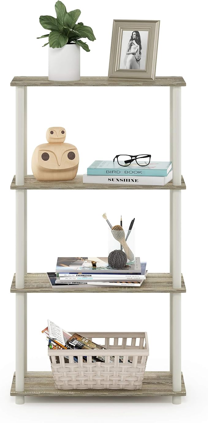 Furinno Turn-N-Tube Toolless 4-Tier Storage Shelves, Sonoma Oak | Wide Open Frame Book Shelf, Corner Shelf, for Organization, Living Room, Garage, Home Office