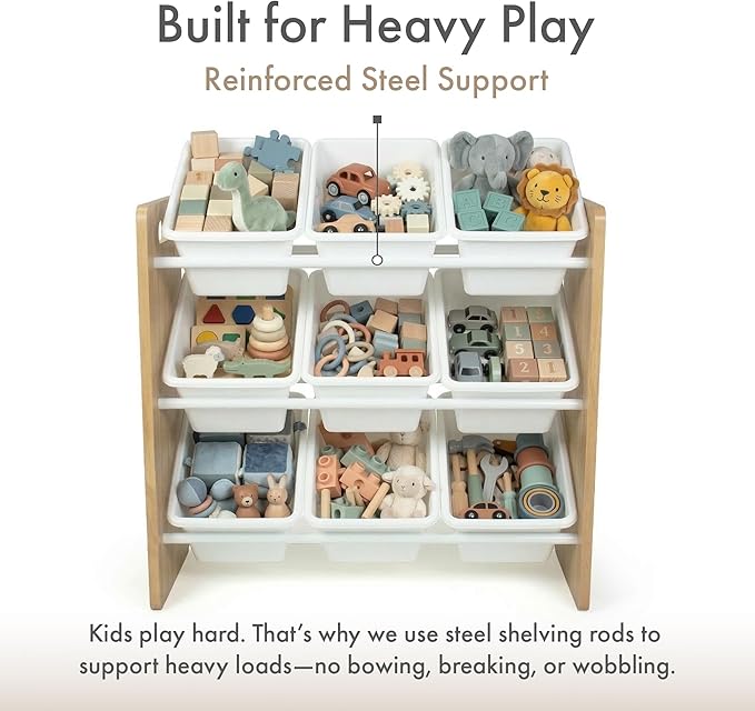 Humble Crew Kids Toy Organizer with 9 Bins, 3 Tier Storage for Playroom | Sturdy wood and steel toddler shelf, removable BPA-free containers, wall anchor anti-tip safety kit for bedroom or classroom