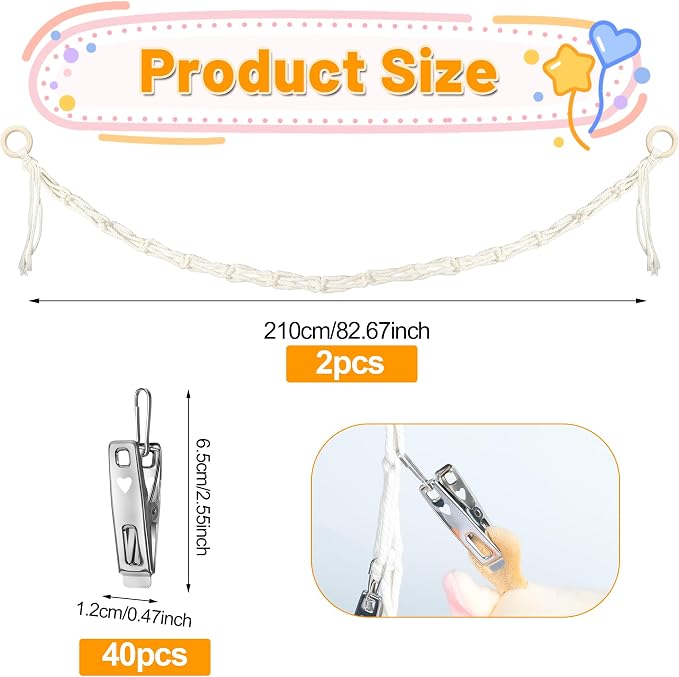 2pcs Stuffed Animal Storage Chain Boho Stuffed Animal Hammock | with 40pcs Metal Clips, Stuff Animal Organizer Hanging Storage for Bedroom Wall Door Display