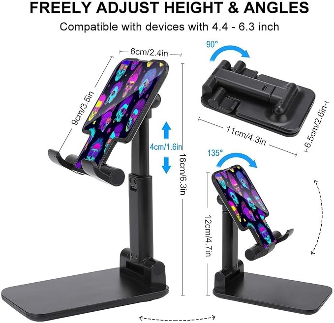 Desktop Foldable Cool Goth Rock Skull Smartphone Stand | Height Angle Adjustable, Cell Phone Holder, with Anti Slip Base, Travel Office