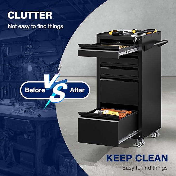 5-Drawer Metal Tool Storage Cabinet with Wheels,Rolling Tool Chest with Drawer and Locking Keys,Heavy Duty Tool Storage Organizer for Garage,Warehouse,Workshop
