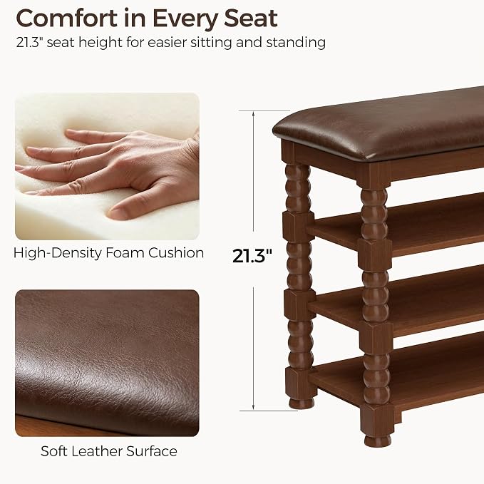 Homleke 39.4" Wide Solid Wood Shoe Rack Bench with Classic Turned Ball Legs | Tall 3-Tier Entryway Bench with Leather Seat, Holds Up to 12 Pairs, for Hallway, Bedroom and Closet, Walnut