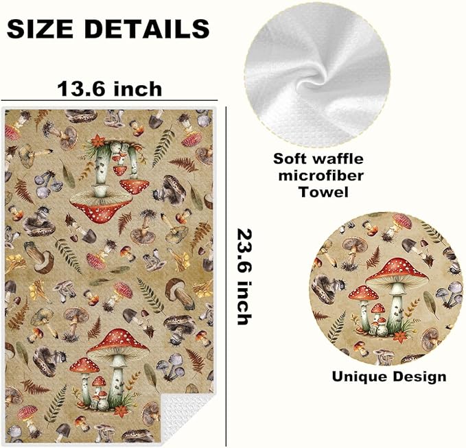 4 Pcs Vintage Mushroom Kitchen Towels, Rustic Botanical Decorative Absorbent Microfiber Dish Cloth Tea Towel, Waffle Soft Hand Towels for Farmhouse Home Bathroom Kitchen Decor, Mushroom Gifts