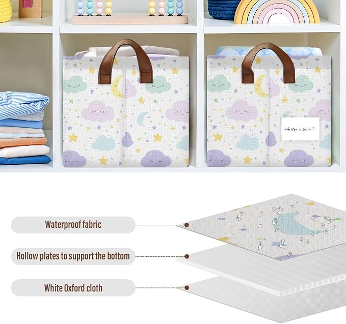 Cute Clouds Moon and Stars Purple Baby Storage Basket with Labels&Handles Rectangular Waterproof Nursery Storage Bins Collapsible Shelf Organizer Baskets for Kids Books Cloth Gift Toys Laundry