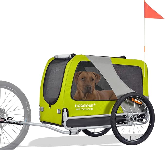 DOGGYHUT® Premium XL Pet Bike Trailer, Up to 100 lbs (Lime Green) | Bicycle Trailer for Small Medium or Large Dogs, Dog Bicycle Carrier, Low Center of Gravity, Folding Frame Cart