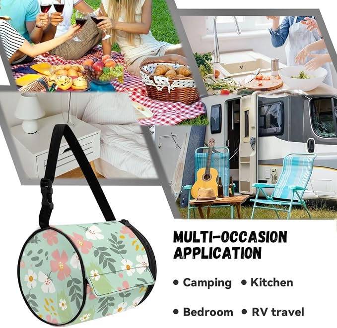Green Leaf Floral Paper Towel Holder Water Resistant Tissue Dispenser with Adjustable Strap, Collapsible Zippered Cylinder Hanging Toilet Paper Roll Holder