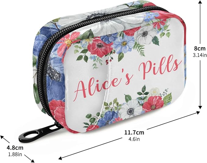 Custom Pill Box 7 Day Pill Case Bag Vintage Watercolor Flowers Personalized Name Travel Pill Organizer Bag with Zipper Portable Weekly Case Compact Size for Vitamin Supplement Holder