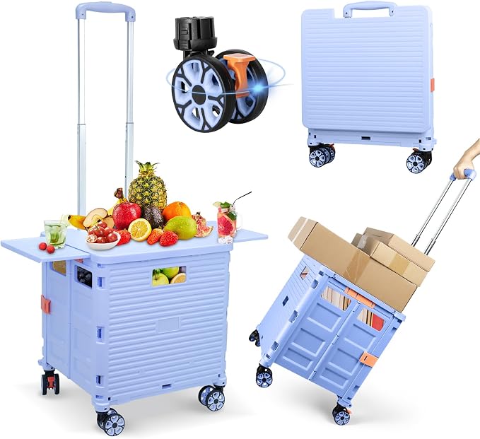 FELICON SELORSS Folding Utility Cart Portable Rolling Crate Handcart-Blue | Magnetic Sliding Lid,Telescoping Handle,Plastic Box Dolly,360°Swivel Wheels for Travel Shop Move Laundry Office Teacher Use