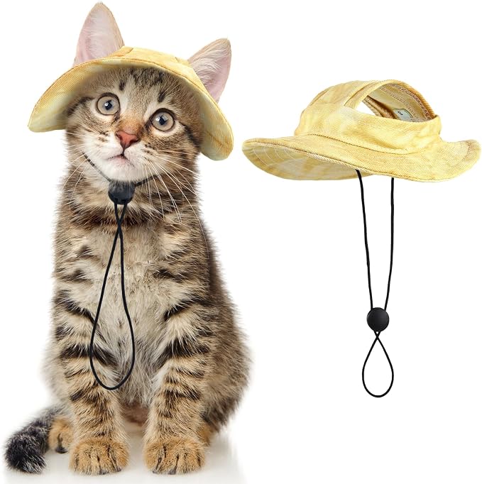 DENTRUN Cat Bucket Hat with Ear Hole, Cotton Birthday Bonnet for Small Pets | Breathable cotton, Adjustable Secures fit, For birthday Party, For small cats, daily cute photos