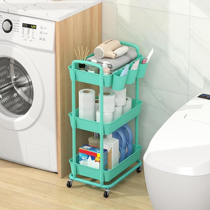 3-Tier Plastic Rolling Storage Cart Utility Cart Green | Utility Cart with Extra Hanging Cups Arc-Shaped Handles Lockable Wheels for Living Room Bathroom Kitchen Office