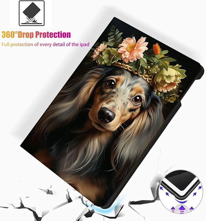 for Microsoft Surface Pro 8-13" 2021 Tablet Case,Auto Wake/Sleep,Adjustable Stand Protective Cover - Floral Wreath Dachshund