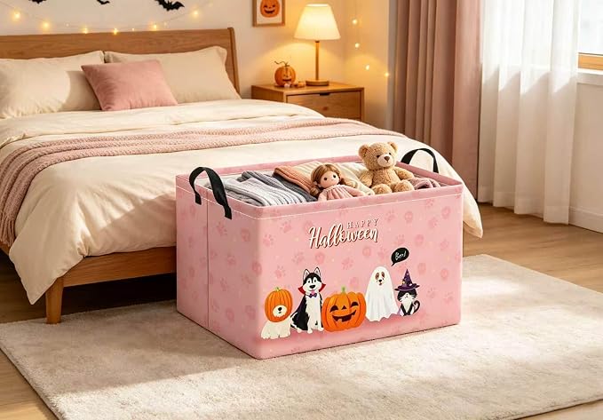 Halloween Basket Cute Baskets for Kids Pumpkin Basket Rectangular Storage Bin Organizer Box Room Decor(Pink Dog Halloween)