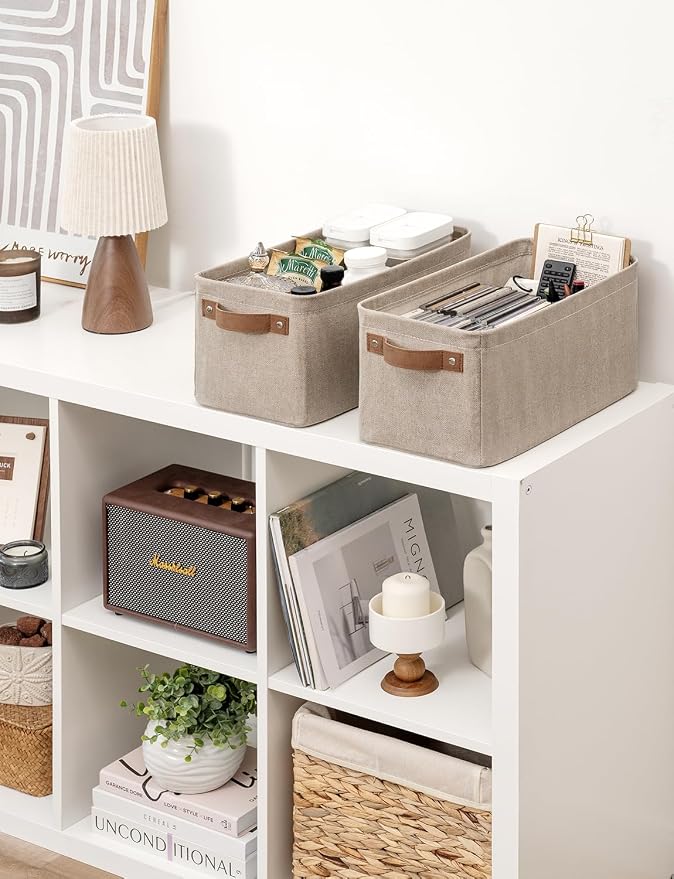 StorageWorks Narrow Storage Bins, Long Baskets, Brown and Beige, 2-Pack | With Metal Frame, Sturdy Structure, PU Handles, Toilet Paper Storage, Small Storage Bins, For Bathroom, Closet, Shelf