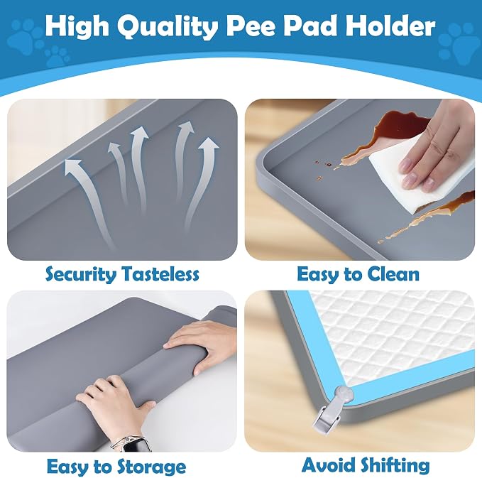 Dog Pee Pad Holder, Dog Potty Tray Silicone Puppy Pad Holder Tray Fits for 24" x 24" Training Pads, Puppy Potty Tray With 4 Clamps No Spill Raised Lip High Edge for Indoor Floor Protection (Dark Grey)