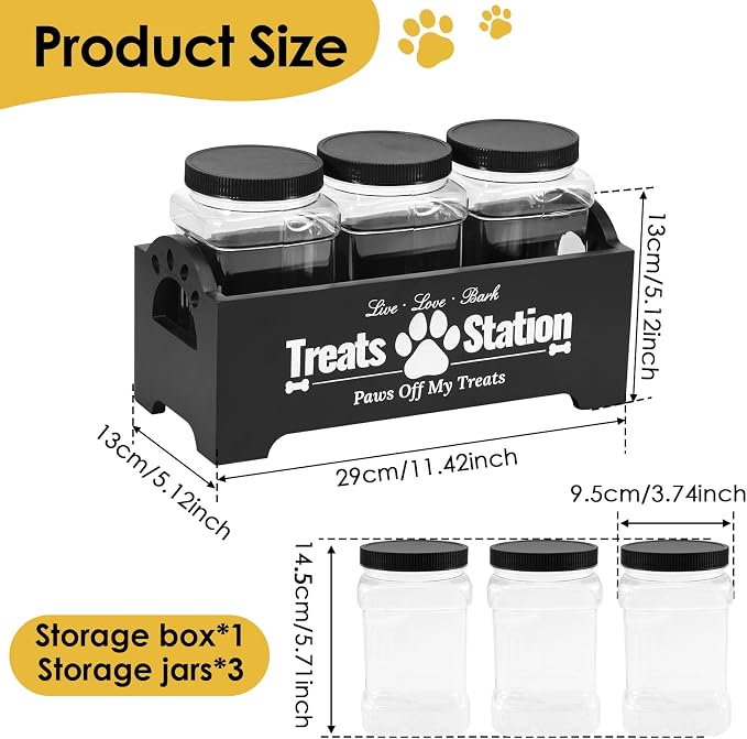 Dog Treat Container, Dog Food and Treat Storage Container, Cat Treats Container, Farmhouse Wood Pet Treats Storage Organizer for Dog Food Storage Container with 3 Jars, Cat Dog Treat Organizer (Black)