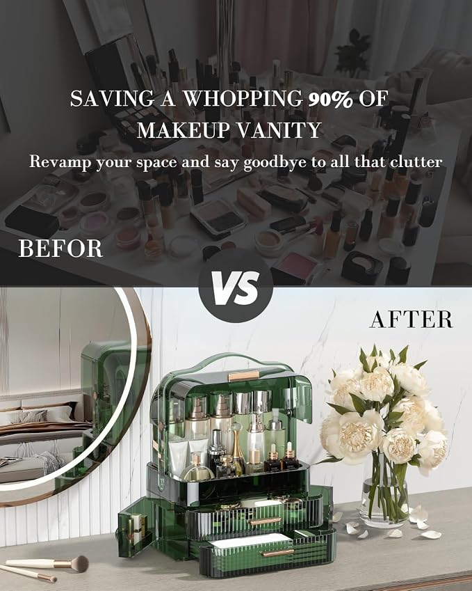 LINFIDITE Cosmetics Storage Box Transparent Lid Large Makeup Organizer Box Drawers Portable Handle Waterproof Dustproof Skincare Display Cases for Countertop, Bathroom, Dresser,Gift Clear Green