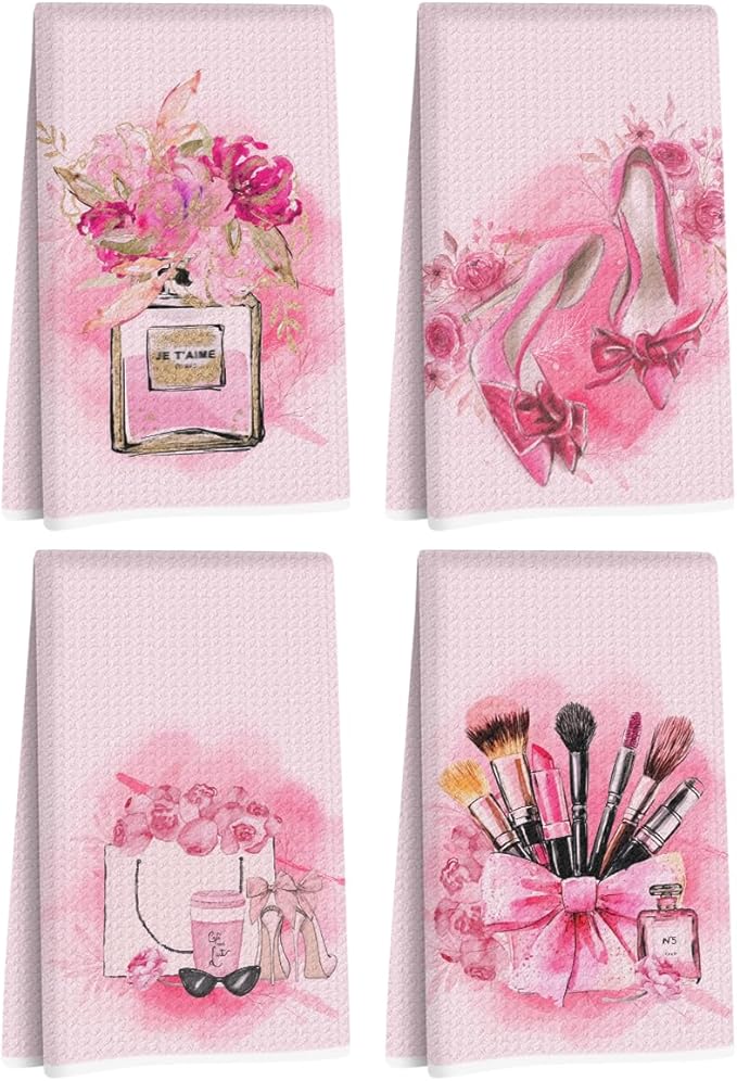 4 Pcs Pink Hand Towels Decor for Bathroom 24x14 Inch, Perfume High Bow Decor Microfiber Reusable Tea Towels for Bathroom, Waffle Weave Dish Drying Towel, Washroom Gifts for Women Mom Friend