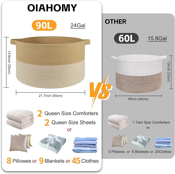 OIAHOMY 90L XXXLarge Blanket Basket for Living Room, 21.7" x 13.8" Woven Cotton Rope Laundry Basket for Organizing Pillows, Decorative Stuffed Animal Toy Storage for Nursery, Jute and White