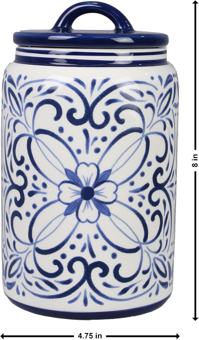 Young's Inc Ceramic Blue and White Talavera Treat Jar with Silcione Seal, 8 Inch Decorative Farmhouse Canister for Kitchen, Countertop, Storage Jar for Cookies, Tea, Sugar, Candy